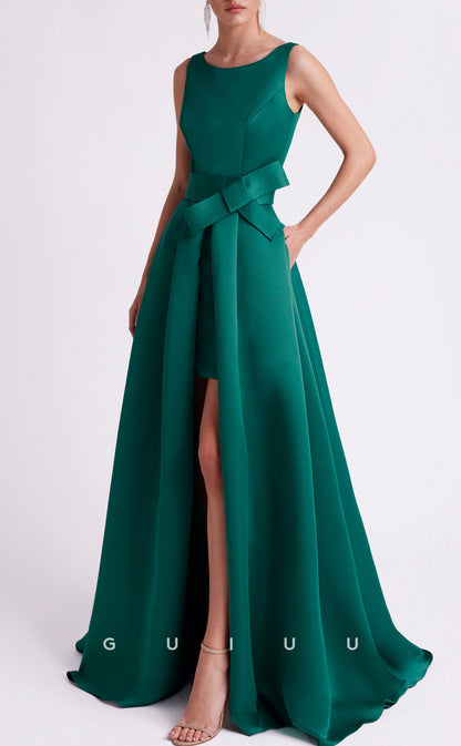 GM289 - A-Line Round Neck Straps Sleeves Satin Long Cocktail Dress with Train and Slit