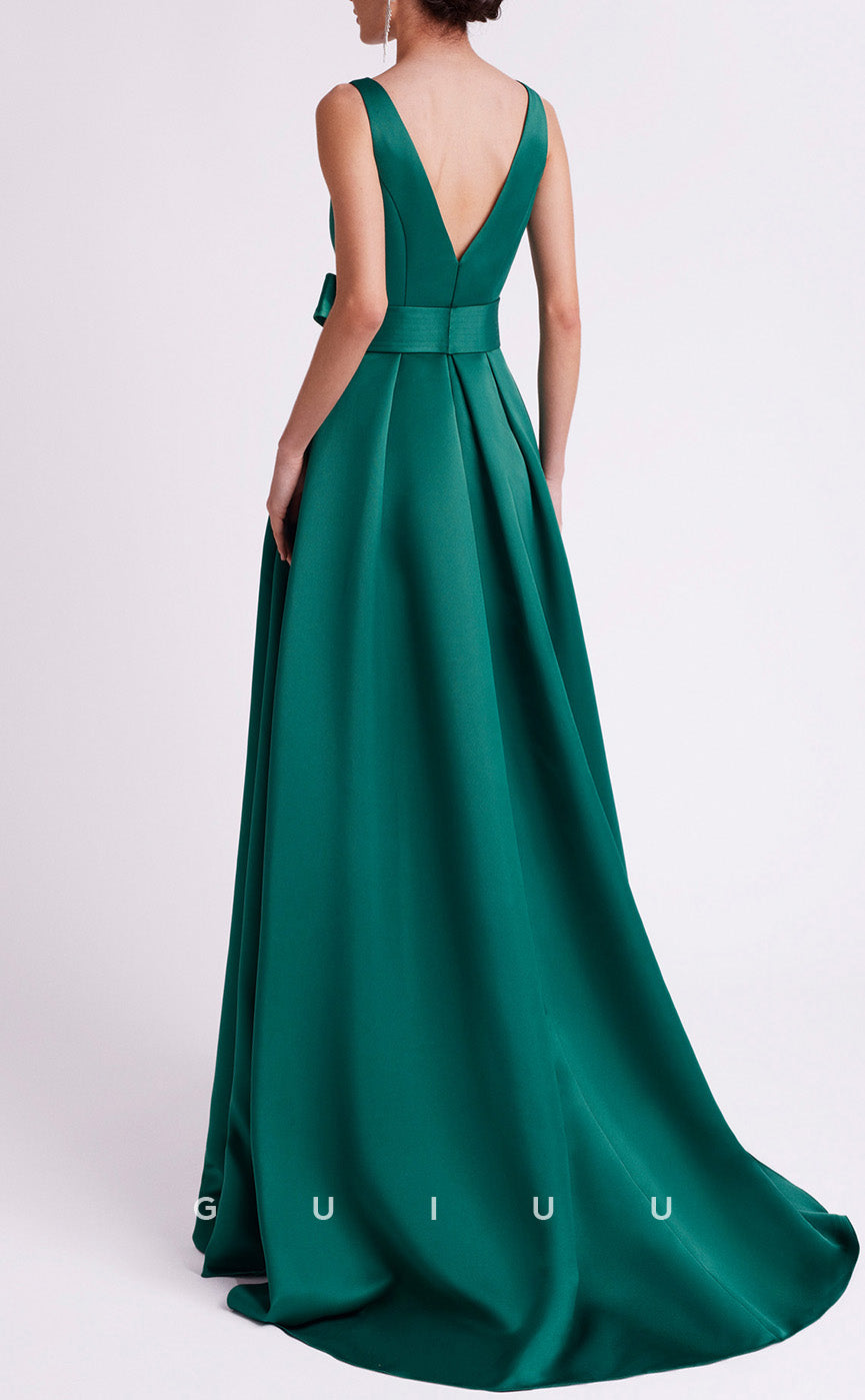 GM289 - A-Line Round Neck Straps Sleeves Satin Long Cocktail Dress with Train and Slit