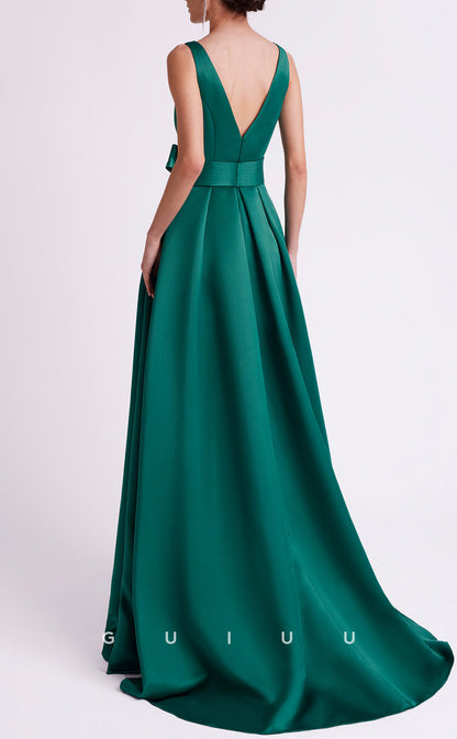 GM289 - A-Line Round Neck Straps Sleeves Satin Long Cocktail Dress with Train and Slit