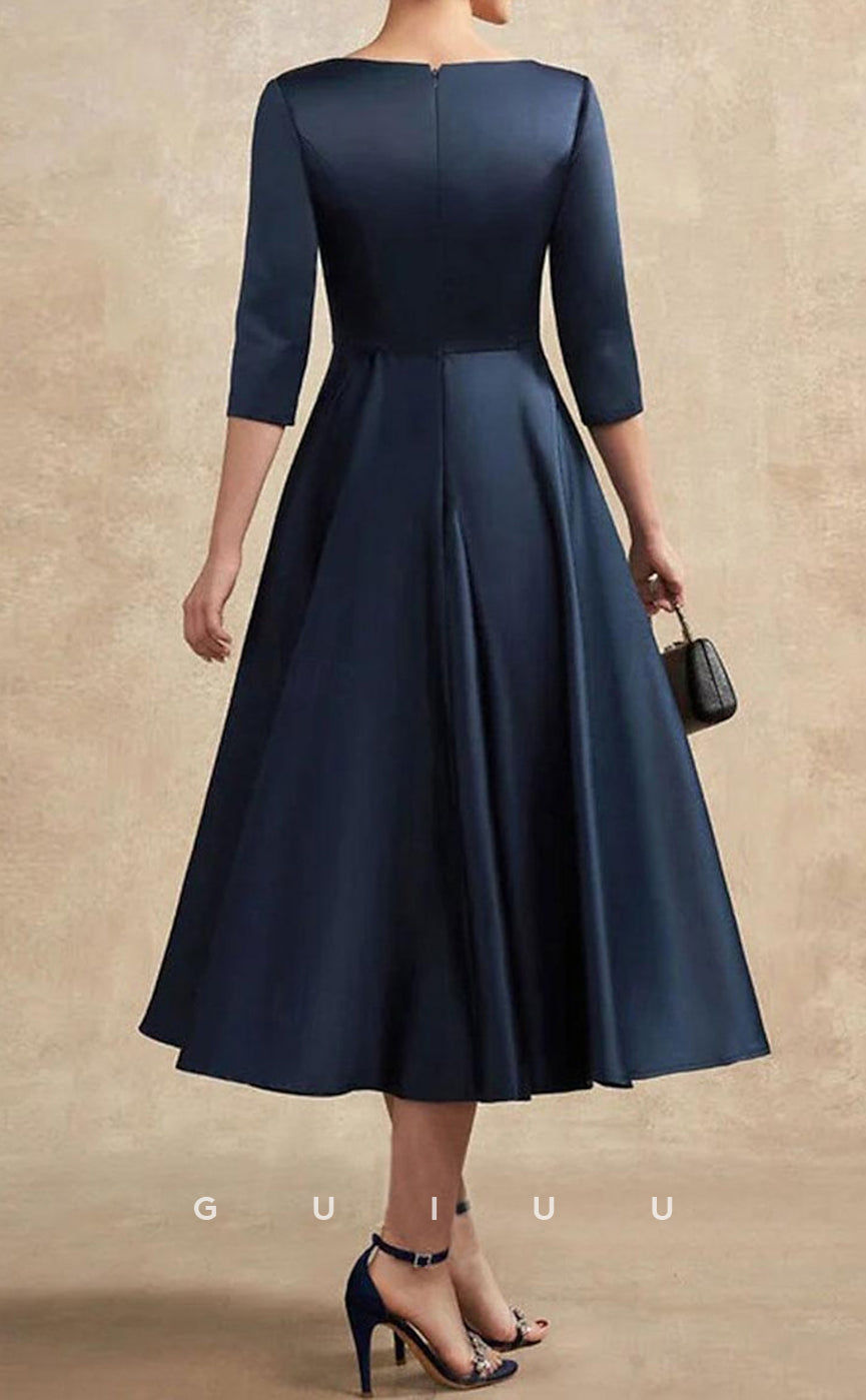 GM023 - A-Line Scoop Half Sleeves Kenn Length Pleated Mother of the Bride Dress Wedding Guest