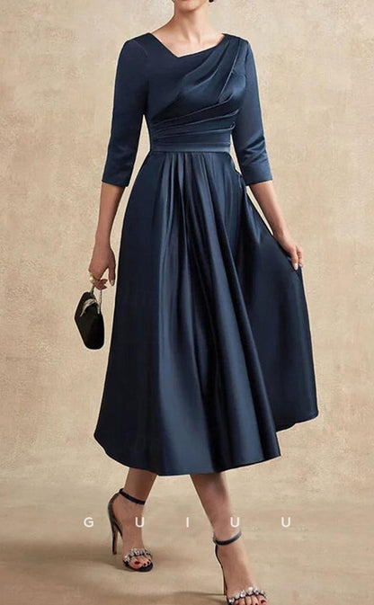 GM023 - A-Line Scoop Half Sleeves Kenn Length Pleated Mother of the Bride Dress Wedding Guest