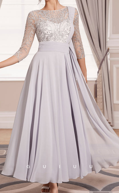 GM151 - A-Line Scoop Neck 34 Length Sleeves Appliques Chiffon Mother of Bride Dress