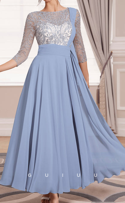 GM151 - A-Line Scoop Neck 34 Length Sleeves Appliques Chiffon Mother of Bride Dress