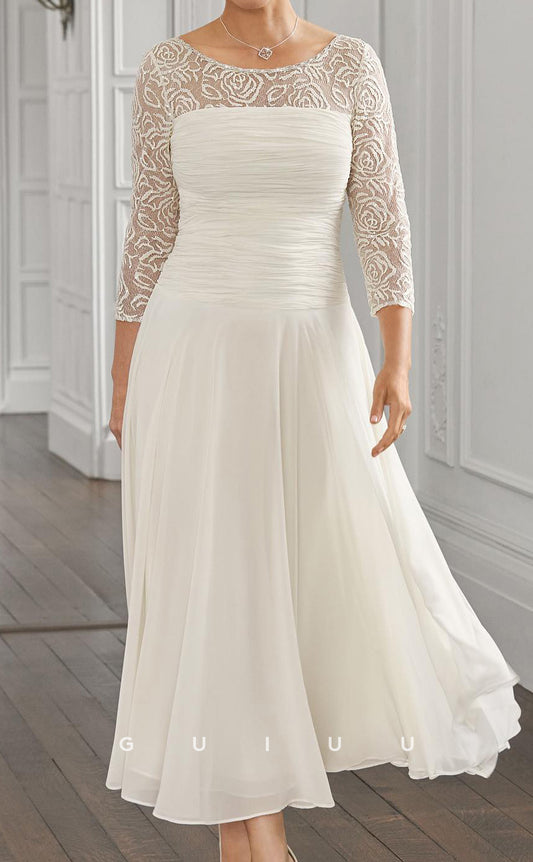 GM137 - A-Line Scoop Neck 34 Length Sleeves Lace Chiffon Mother of Bride Dress