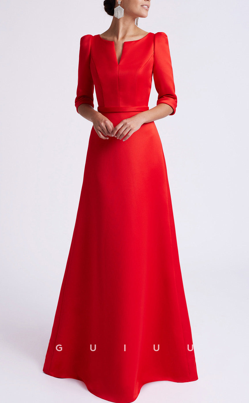 GM287 - A-Line Scoop Neck Half Sleeves Satin Long Cocktail Dress with Train