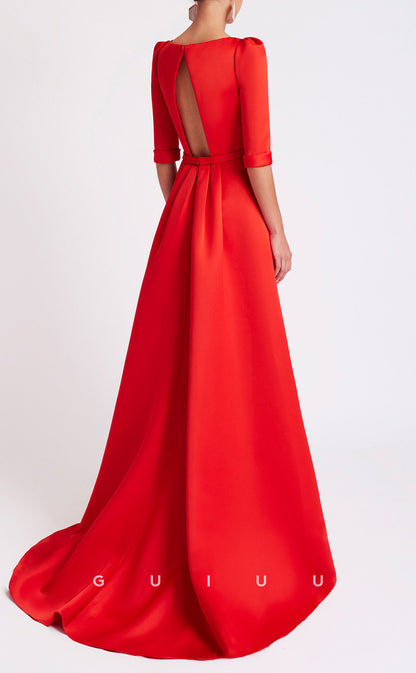 GM287 - A-Line Scoop Neck Half Sleeves Satin Long Cocktail Dress with Train