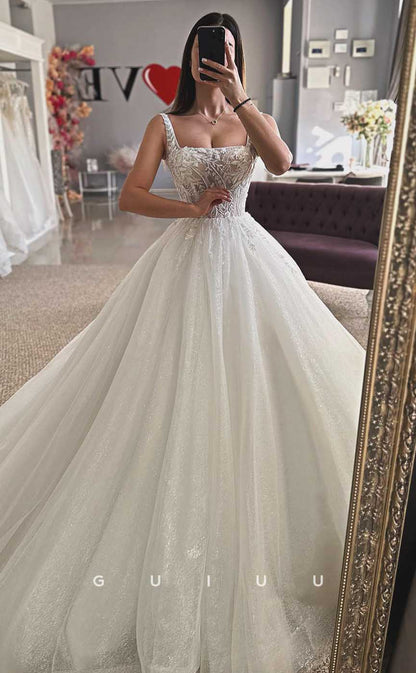 GW822 - A-Line Square Straps Appliques Wedding Dress with Court Train