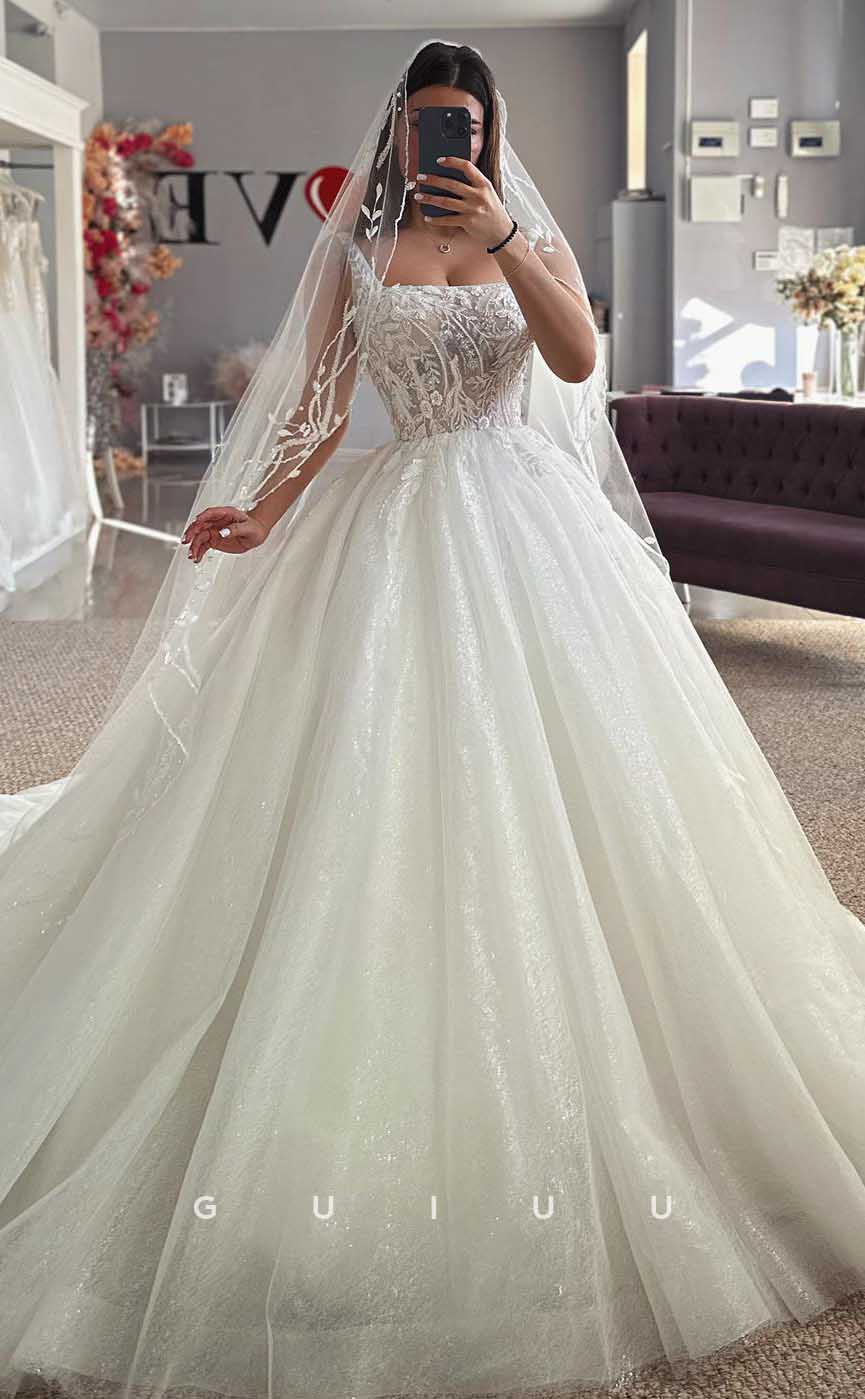 GW822 - A-Line Square Straps Appliques Wedding Dress with Court Train