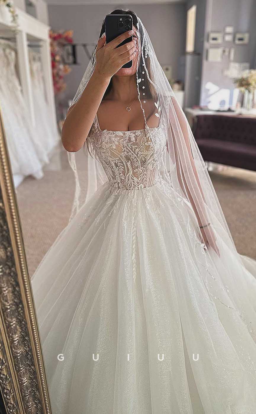 GW822 - A-Line Square Straps Appliques Wedding Dress with Court Train