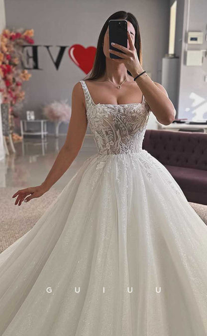 GW822 - A-Line Square Straps Appliques Wedding Dress with Court Train