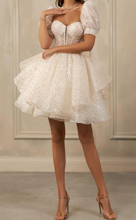 GW983 - A-Line Strapless Short Sleeves Fully Beaded Tulle Tieres Mini Wedding Dress