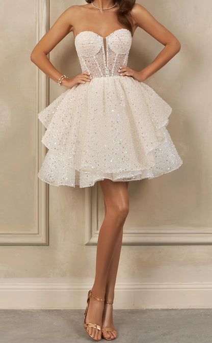 GW983 - A-Line Strapless Short Sleeves Fully Beaded Tulle Tieres Mini Wedding Dress