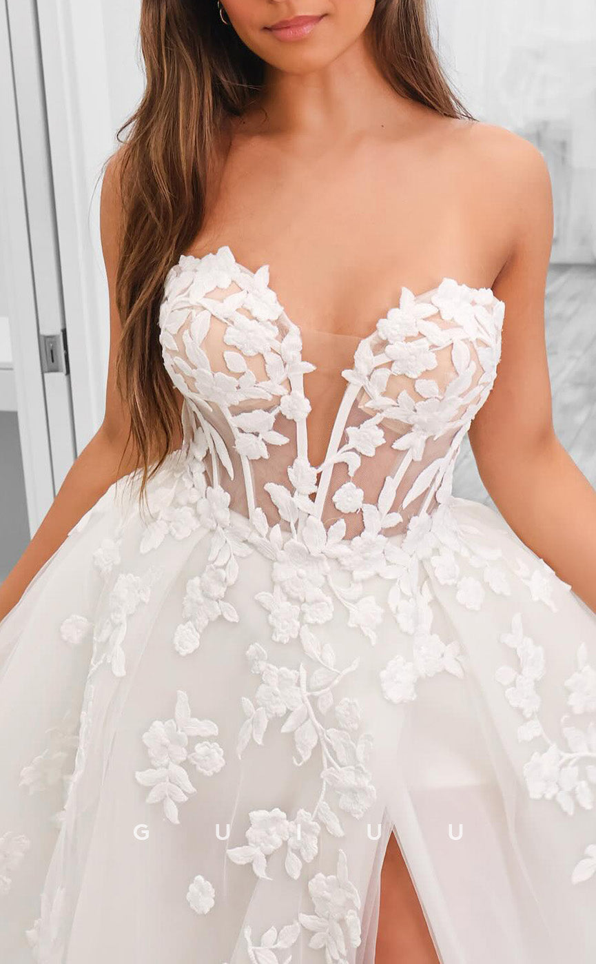 GW1039 - A-Line Strapless Sleeveless Appliques Lace Up Beach Wedding Dress with High Side Slit