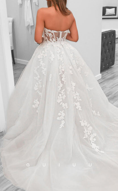 GW1039 - A-Line Strapless Sleeveless Appliques Lace Up Beach Wedding Dress with High Side Slit