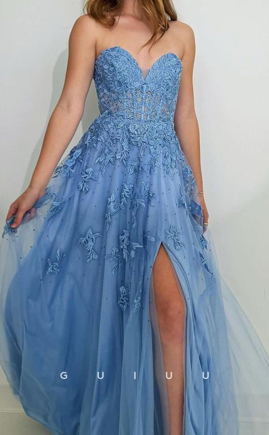 G3764 -  A-Line Strapless Sleeveless Appliques Pleated Tulle Long Prom Dress with Slit