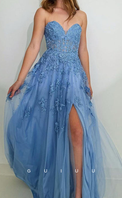 G3764 -  A-Line Strapless Sleeveless Appliques Pleated Tulle Long Prom Dress with Slit