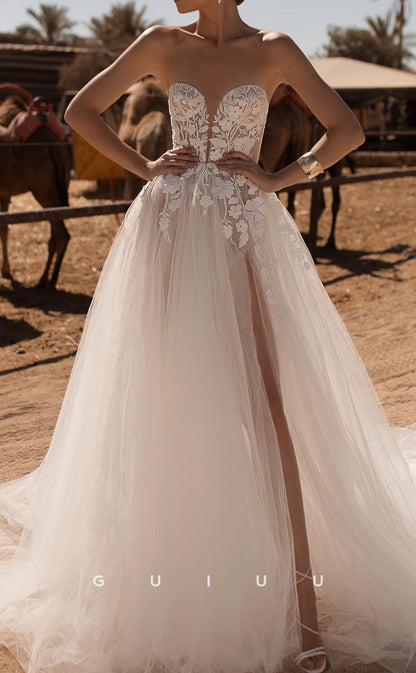 GW1044 -  A-Line Strapless Sleeveless Appliques Tulle Boho Beach Wedding Dress with High Side Slit