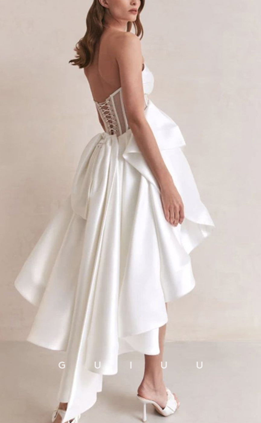 GW1053 - Chic & Modern A-Line Strapless Sleeveless High Low Lace Up Satin Wedding Dress