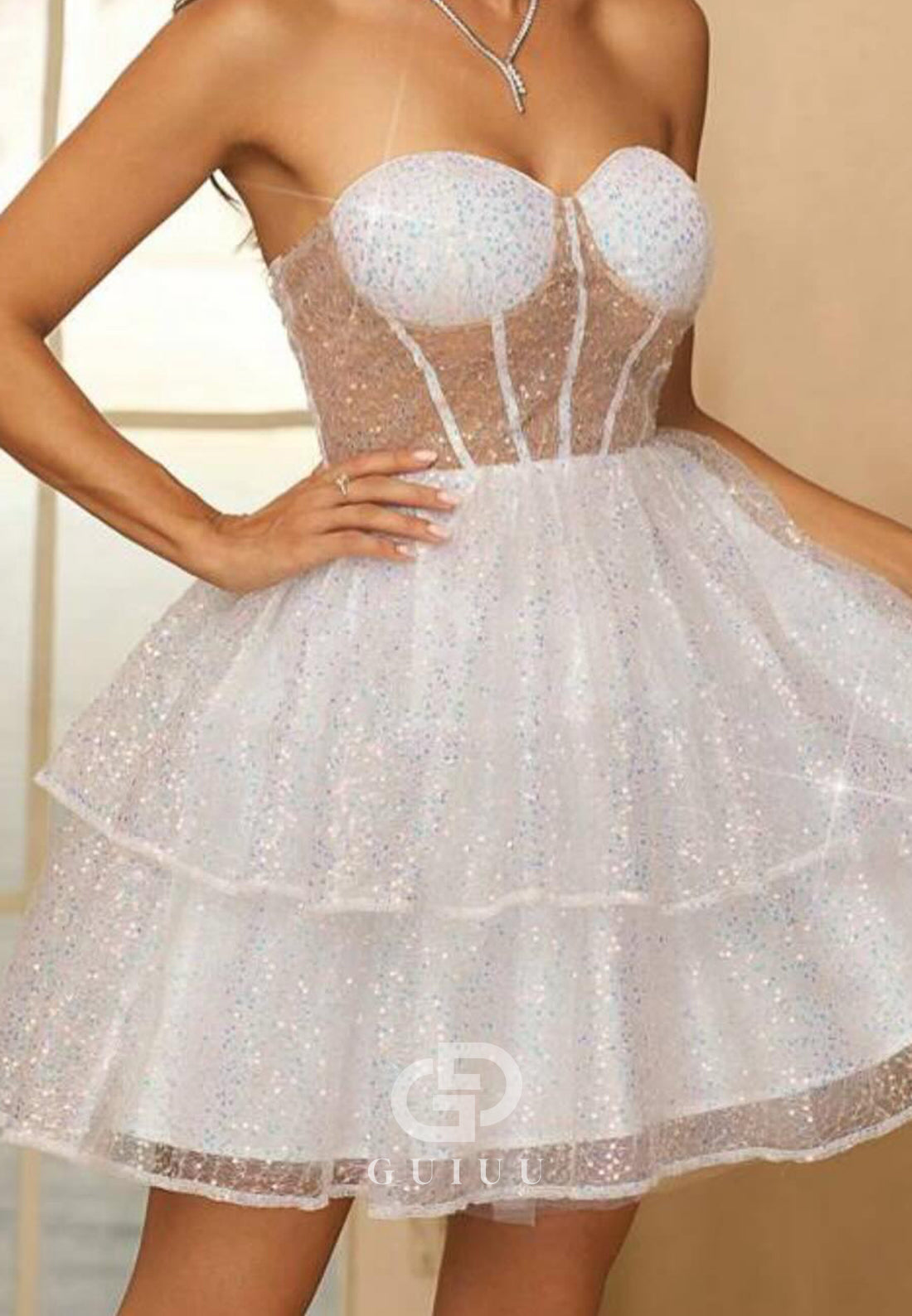 GH977 - A-Line Strapless Sleeveless Illsion Lace Up Glitter Knit Tiered Short Homecoming Dress