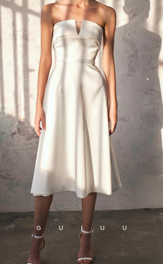 GW973 - A-Line Strapless Sleeveless Knee Length Stain Wedding Dress