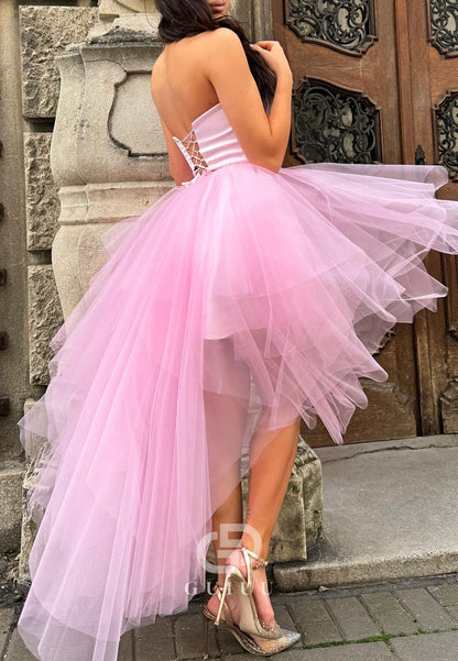 GH1000 - A-Line Strapless Sleeveless Lace Up Pink Homecoming Dress with Tulle Train