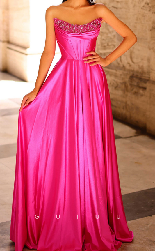 G4708 -  A-Line Strapless Sleeveless Pleated Beaded Formal Evening Prom Dress
