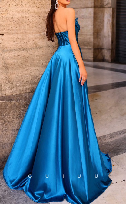 G4708 -  A-Line Strapless Sleeveless Pleated Beaded Formal Evening Prom Dress