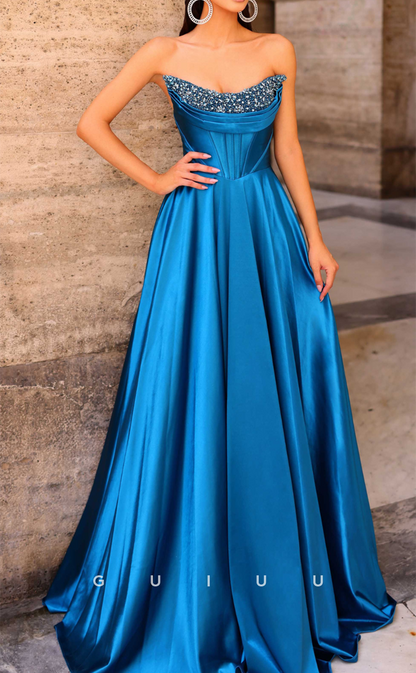 G4708 -  A-Line Strapless Sleeveless Pleated Beaded Formal Evening Prom Dress