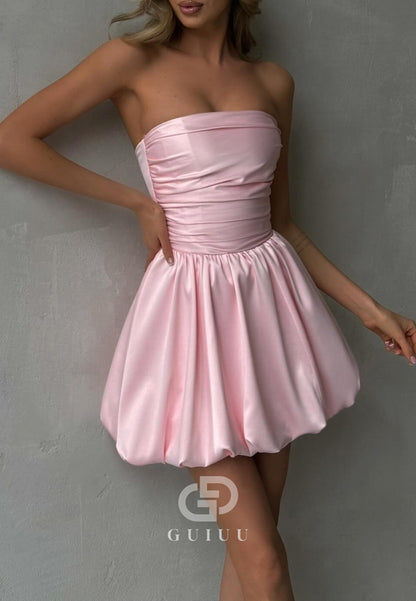 GH983 - A-Line Strapless Sleeveless Pleated Ruched Back Zipper Short Homecoming Dress