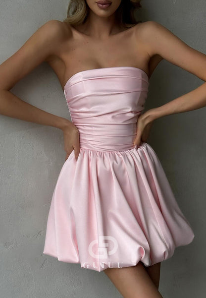 GH983 - A-Line Strapless Sleeveless Pleated Ruched Back Zipper Short Homecoming Dress