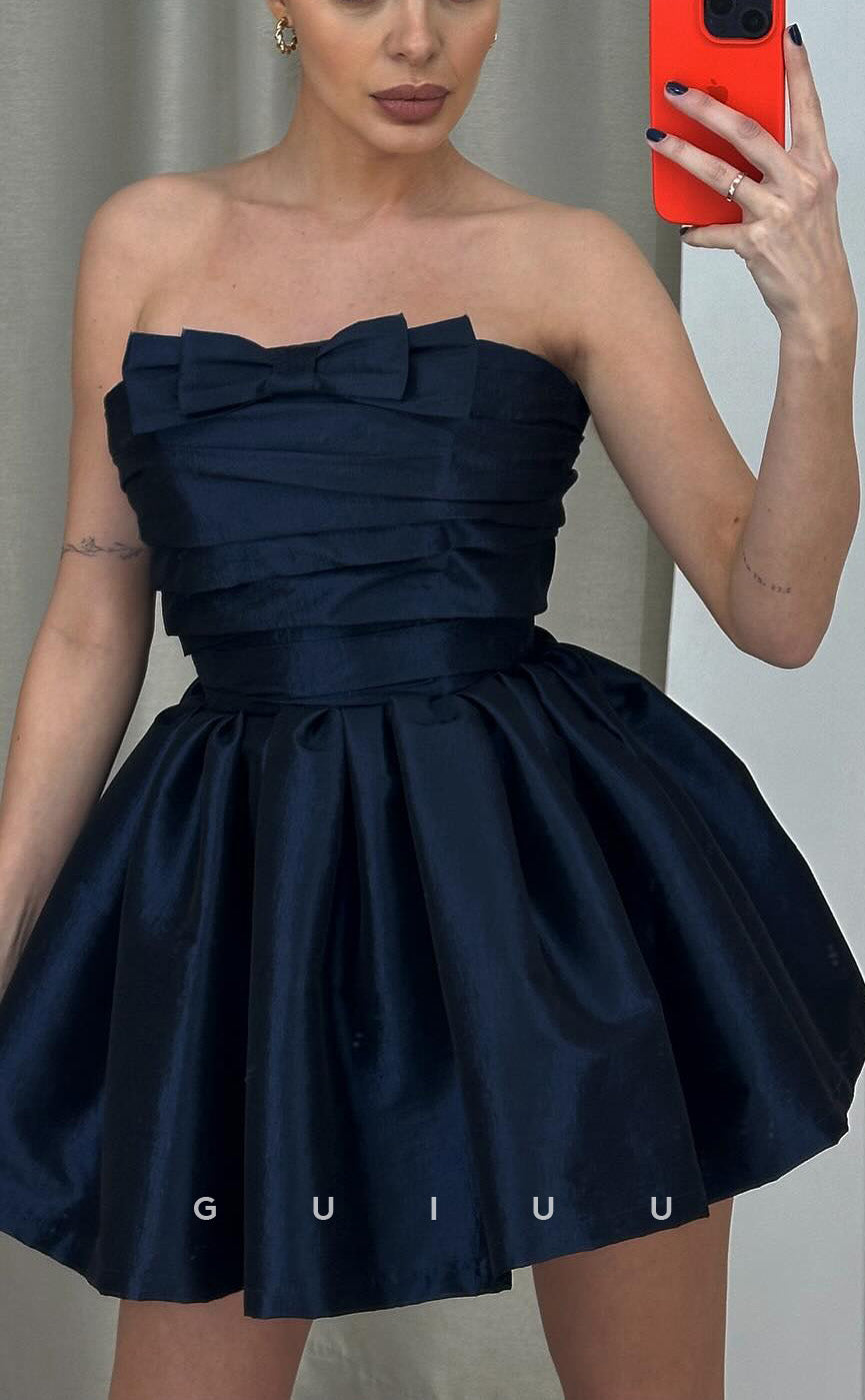 GH927 - A-Line Strapless Sleeveless Pleated Ruched Homecoming Dress with Bow Knot