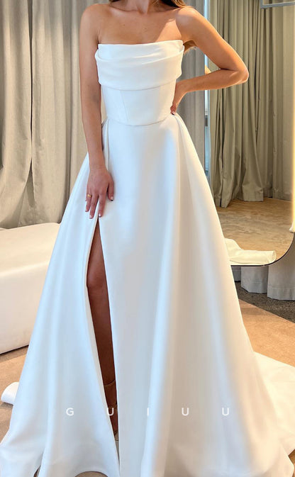 GW1027 -  A-Line Strapless Sleeveless Pleated Stain Wedding Dress with Train and Slit