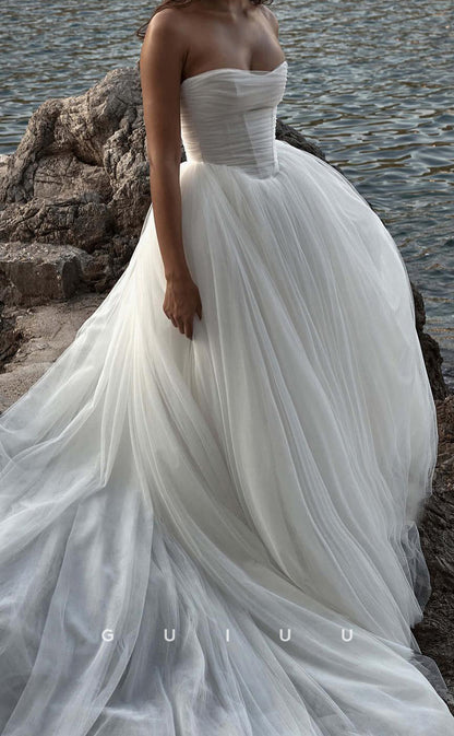 GW1037 - A-Line Strapless Sleeveless Pleated Tulle Beach Boho Wedding Dress with Train