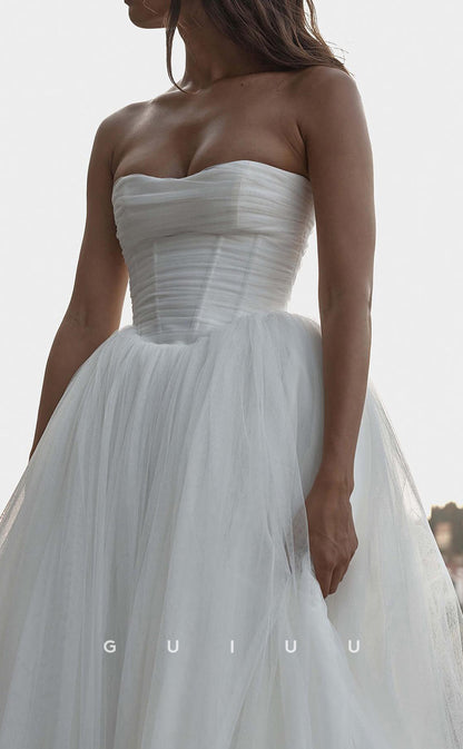 GW1037 - A-Line Strapless Sleeveless Pleated Tulle Beach Boho Wedding Dress with Train