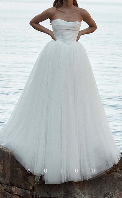 GW1037 - A-Line Strapless Sleeveless Pleated Tulle Beach Boho Wedding Dress with Train