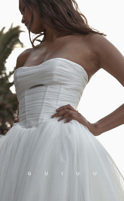 GW1037 - A-Line Strapless Sleeveless Pleated Tulle Beach Boho Wedding Dress with Train