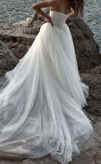 GW1037 - A-Line Strapless Sleeveless Pleated Tulle Beach Boho Wedding Dress with Train