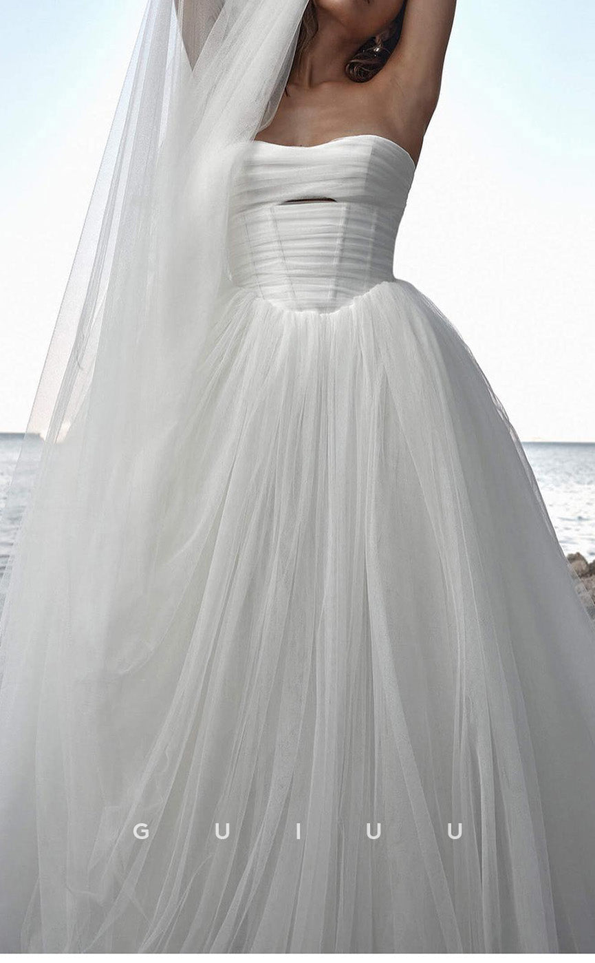 GW1037 - A-Line Strapless Sleeveless Pleated Tulle Beach Boho Wedding Dress with Train