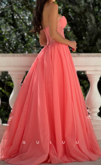 G2956 - A-Line Strapless Sleeveless Pleated Tulle Long Prom Party Dress with High Side Slit