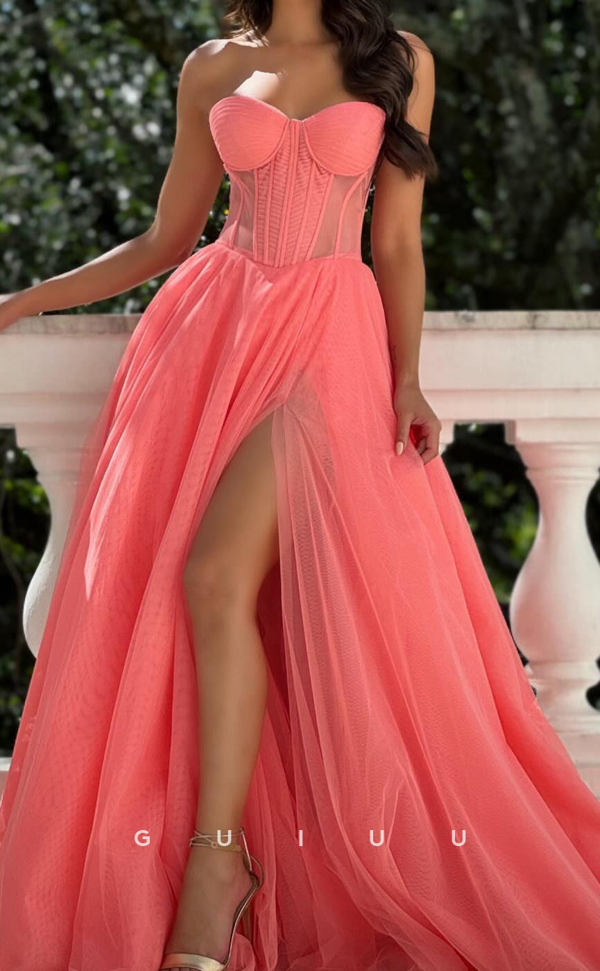 G2956 - A-Line Strapless Sleeveless Pleated Tulle Long Prom Party Dress with High Side Slit