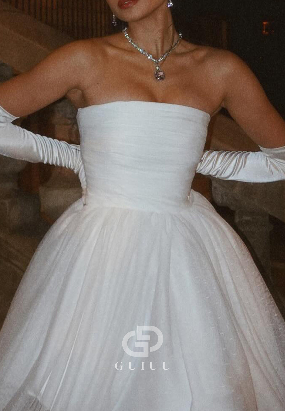 GH980 - A-Line Strapless Sleeveless Pleated Tulle White Homecoming Dress