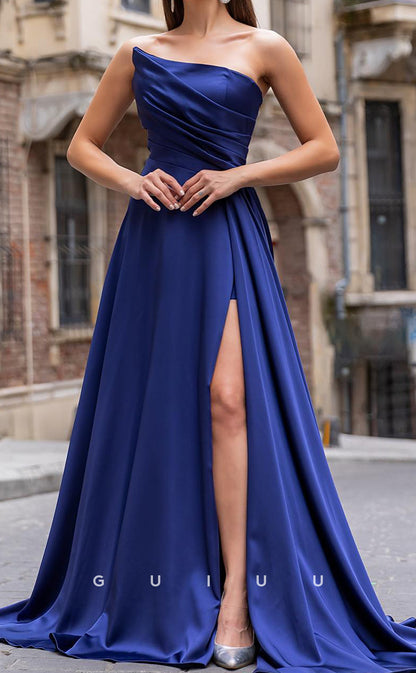 G3972 -  A-Line Strapless Sleeveless Stain Pleated Long Prom Evening Dress with High Side Slit