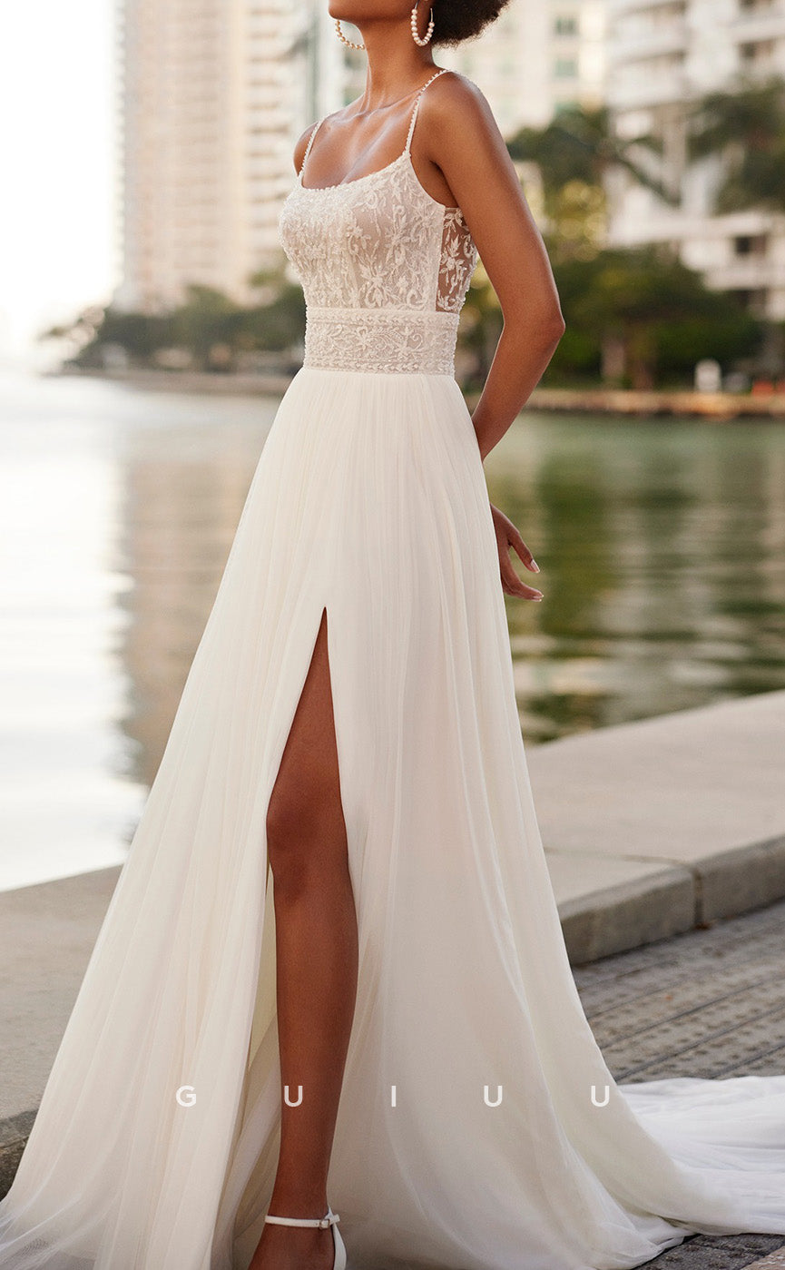 GW1033 - A-Line Strapless Sleeveless Straps Appliques Open Back Boho Wedding Dress