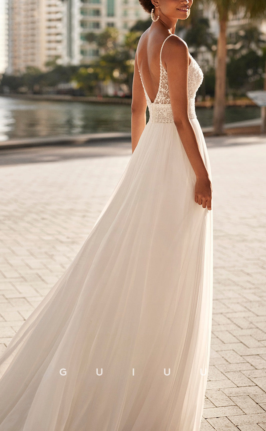 GW1033 - A-Line Strapless Sleeveless Straps Appliques Open Back Boho Wedding Dress