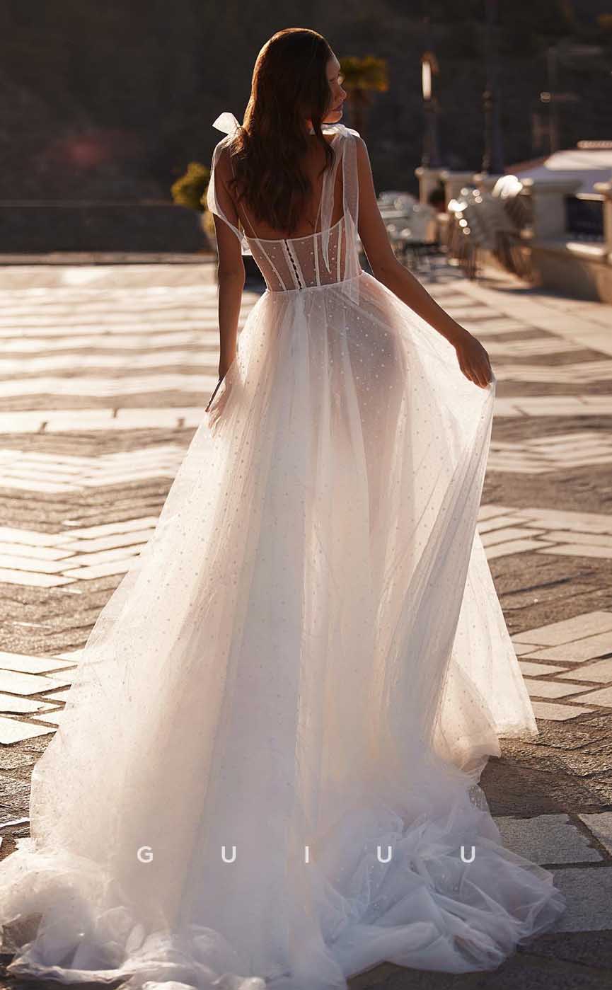 GW842 - A-Line Strapless Straps Illlsion Tulle Wedding Boho Beach Dress with Train