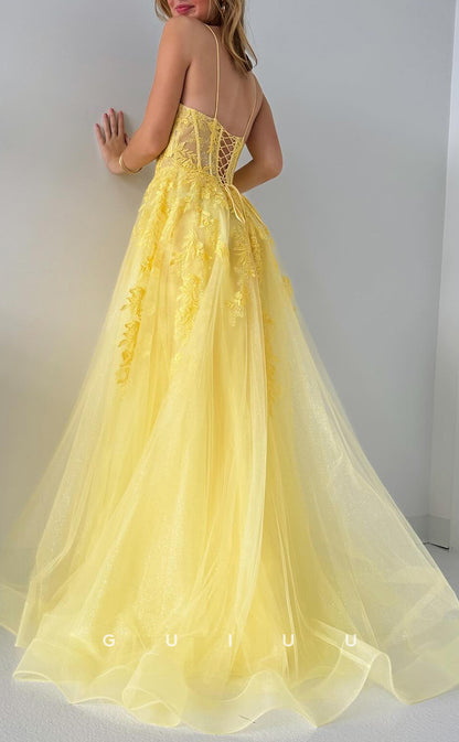 G3160 - A-Line Strapless Straps Sleeveless Appliques Yellow Tulle Long Prom Evening Dress