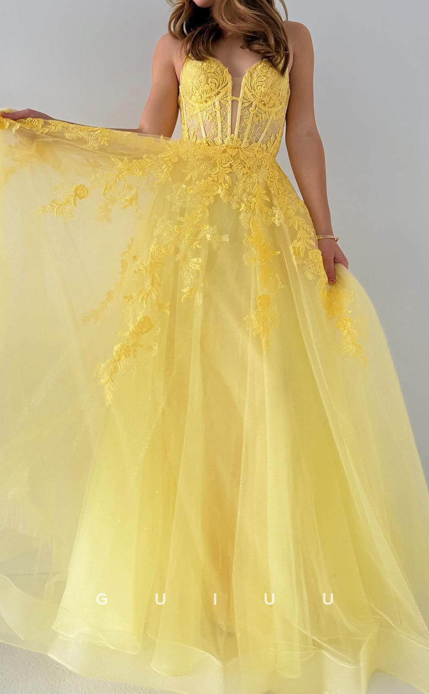 G3160 - A-Line Strapless Straps Sleeveless Appliques Yellow Tulle Long Prom Evening Dress