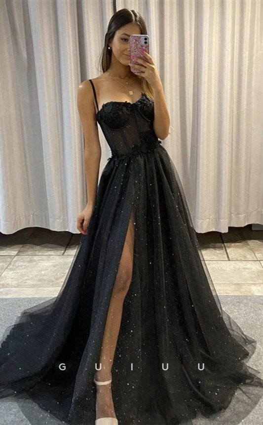 G4635 -  A-Line Strapless Straps Sleeveless Black Tulle High Side Slit Prom Dress