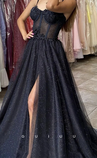 G4635 -  A-Line Strapless Straps Sleeveless Black Tulle High Side Slit Prom Dress