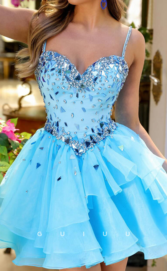 GH893 -  A-Line Strapless Straps Sleeveless Crystal Tulle Tiered Homecoming Dress